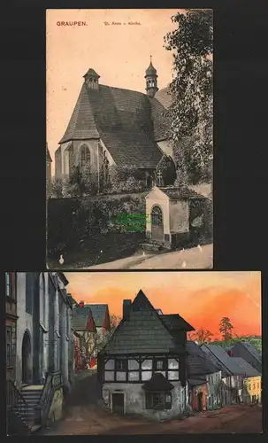 144093 2 AK Graupen St. Anna Kirche 1908 Straßenansicht Künstlerkarte