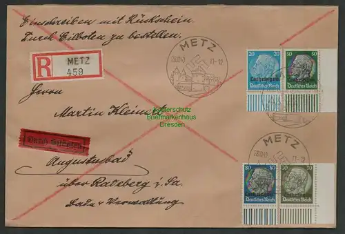 B6892 R-Brief Einschreiben Eilboten Lothringen Metz nach Radeberg 1940