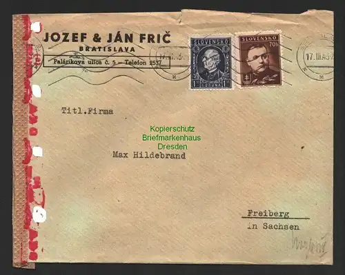 B8792 Slovakei Jozef & Jan Fric Bratislava 1943 verschiedene Zensur Stempel OKW