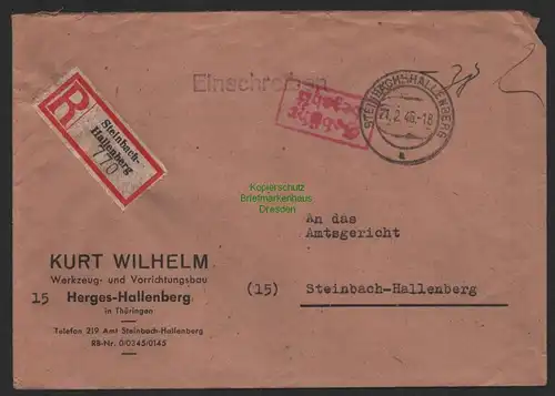 B9918 Brief SBZ Gebühr bezahlt 1946 Steinbach-Hallenberg Einschreiben Heges-H.