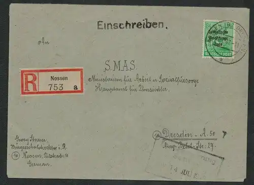 h5256 SBZ 197 Währungsreform 1948 Brief Einschreiben Nossen nach Dresden Stempel