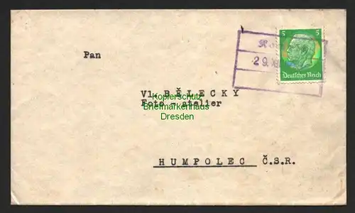 B8712 Brief Kamnitz 1938 Notstempel Befreiungsstempel nach Humpolec C.S.R.