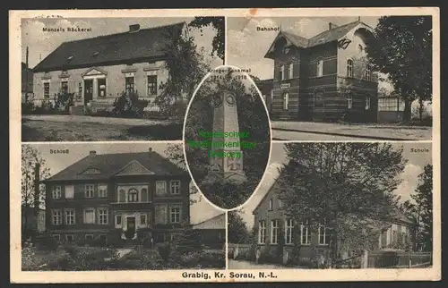 146934 AK Grabig Kreis Sorau Manzels Bäckerei Bahnhof Scgloß Schule 1936