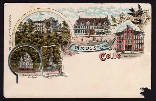 38571 AK Litho Celle Schlos Rathaus Realschule 1900 Karolinen Mathilden Denkmal