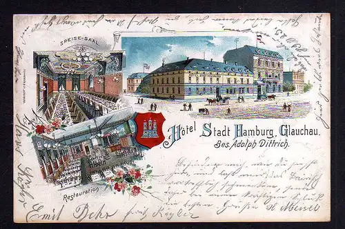 97635 AK Glauchau Hotel Stadt Hamburg Restauration 1899 Litho Speisesaal