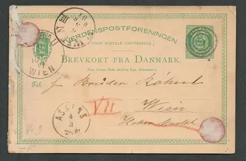 B6667 Ganzsache Dänemark Danmark 1881 Arhus Dreiring Nummernstempel 7 nach Wien