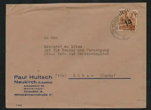 h5368 SBZ Handstempel Bezirk 14 Brief Neukirch nach Dresden