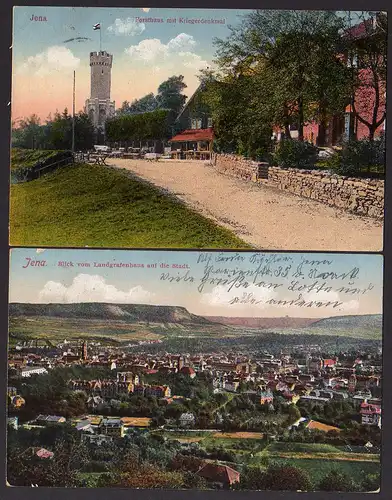 52621 2 AK Jena 1917 Forsthaus mit Kriegerdenkmal 1925 Panorama v Landgrafenhaus