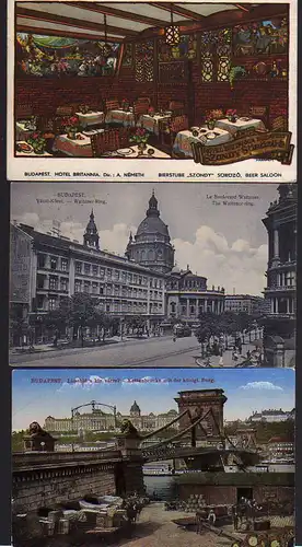 51594 3 AK Budapest Kettenbrücke 1917 Waitzner Ring 1911 Hotel Britannia 1938