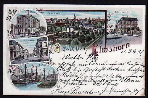 51352 AK Elmshorn 1897 Litho Hafen Peterstrasse Hotel Holstein Hof Schulstraße
