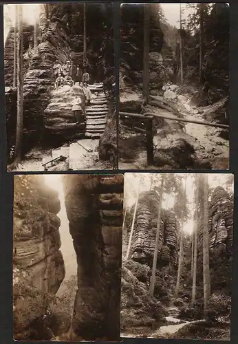 25431 4 Fotos ca. 1930 Sächsische Schweiz Schwedenlöcher Original Wandergruppe