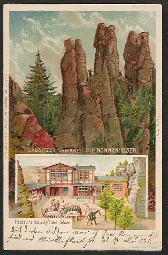 25091 AK Litho Restauration Nonnenfelsen Lausitzer Gebirge 1906 Bertsdorf