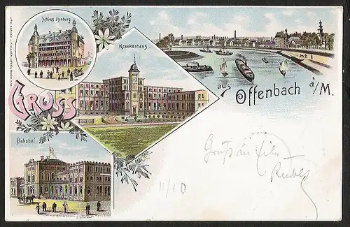 25203 AK Litho Offenbach Bahnhof Schloss Ilsenburg Krankenhaus , gelaufen 1897