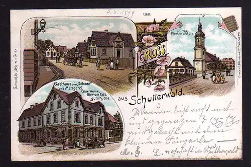 97928 AK Schutterwald Litho 1899 Gasthaus zum Ochsen Metzgerei Kirche Pfarrhaus