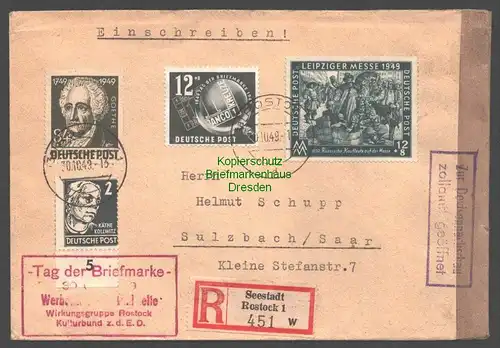 B7830 Brief SBZ Rostock 1949 nach Sulzbach Saar Zensur Zoll amtlich geöffnet Sar