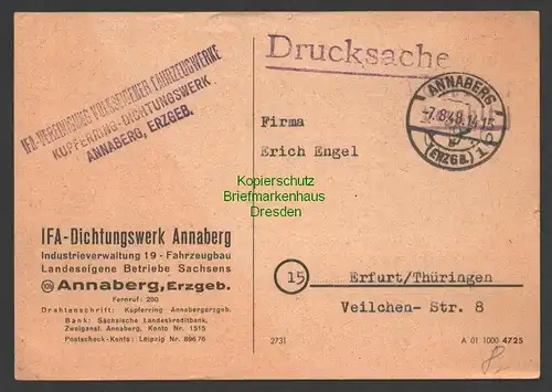 B7502 SBZ Postkarte Gebühr bezahlt 1948 Annaberg Erzgeb. IFA Dichtungswerk