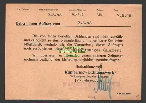 B7502 SBZ Postkarte Gebühr bezahlt 1948 Annaberg Erzgeb. IFA Dichtungswerk