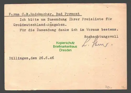 B7821 Postkarte Gebühr bezahlt Dillingen Donau 1946 nach Bad Pyrmont