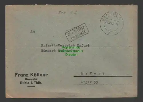 B7498 SBZ Brief Gebühr bezahlt 1945 Ruhla nach Erfurt