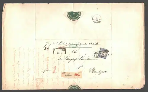 B7946 DR 20 Paketbegleitbrief 1873 aus Königsbrück nach Bautzen gr Plattenfehler