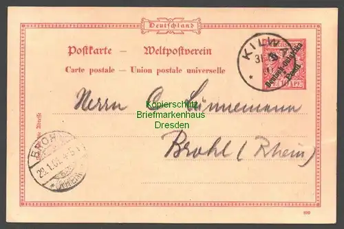 B7874 Deutsch Ostafrika DOA Ganzsache 5 Pesa Kilwa 1900 nach Brohl Rhein