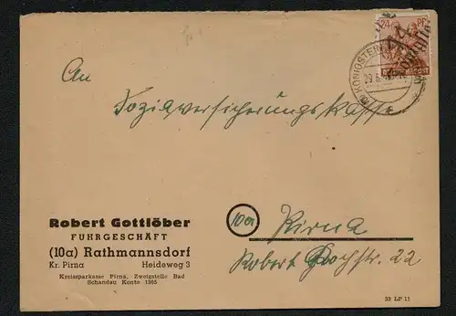 h5328 SBZ Handstempel Bezirk 14 Brief Rathmannsdorf Königstein 29.6. nach Pirna
