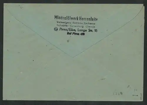 h5268 SBZ Handstempel Bezirk 14 Brief Pirna Mineralölwerk Herrenleite n. Dresden