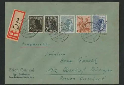 h5212 SBZ Handstempel Bezirk 14 R-Brief Gottleuba 180 + zehnfach nach Oberhof