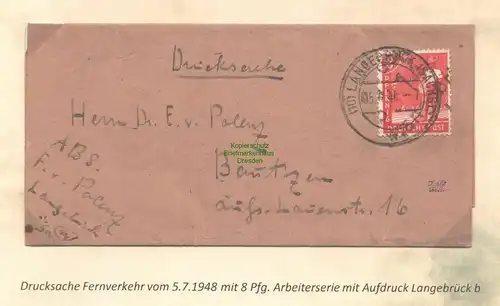 h5677 SBZ Handstempel Bezirk 14 geprüft BPP 8 Pfg. EF Drucksache Langebrück