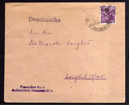 h560 Brief Handstempel Bezirk 16 Neustadt Orla 6 Pfg. 01.7.48 Finanzamt Gera Dru