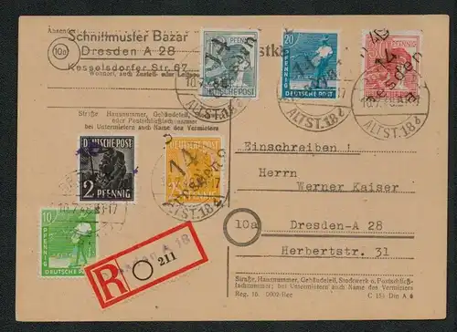 h5569 SBZ Handstempel Bezirk 14 Postkarte Orts-R-Karte 20 Pf Dresden 18a Type 8b