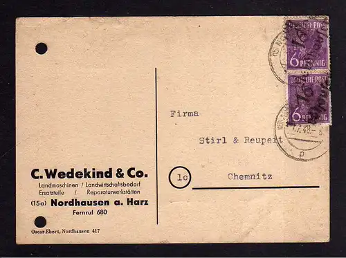 h570 Postkarte Handstempel Bezirk 16 Nordhausen 2x6 Pfg. 1.7.48 gepr. BPP