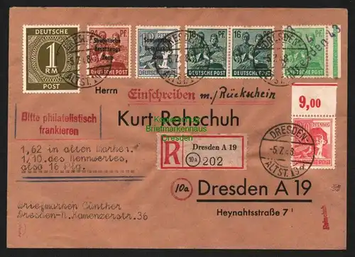 h5818 SBZ Handstempel Bezirk 14 Dresden 43a Brief Einschreiben Rückschein 5.7.48