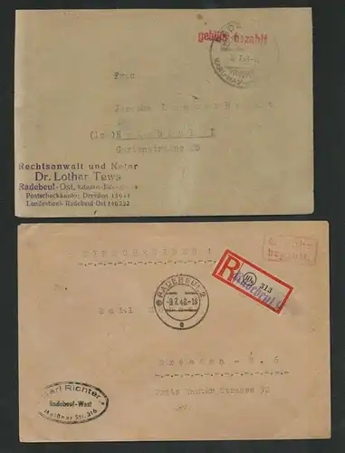 h5301 SBZ Währungsreform 1948 Brief Gebühr bezahlt Radebeul 10.7.48 + R-Brief