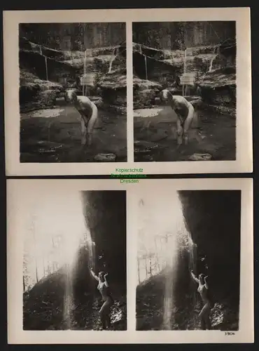 155095 2x Erotik Stereofoto um 1920 Frau im Wasserfall