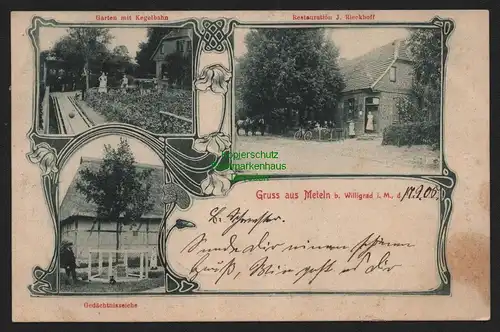 148988 AK Meteln Willigrad bei Schwerin 1905 Restauration j. Rieckhoff Kegelbahn