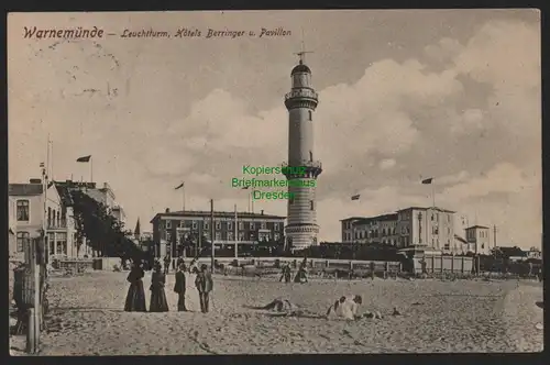 155016 AK Warnemünde 1908 Leuchtturm Hotels Berringer u. Pavillon