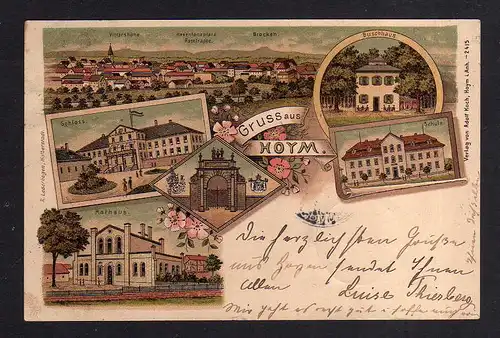 115576 AK Hoym Litho 1901 Schloss Rathaus Buschhaus Schule Panorama mit Victorsh