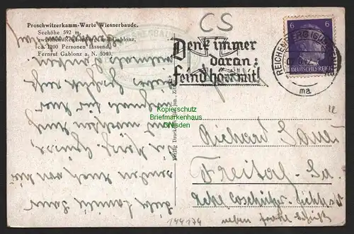 144174 AK Proschwitzerkamm Warte Wiesnerbaude 1942 bei Reichenberg Liberec