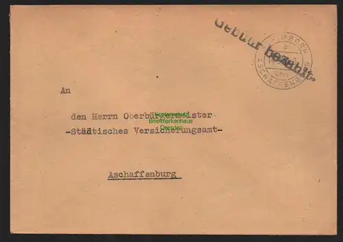 B10548 Brief BAZ Gebühr bezahlt 1945 Schimborn über Aschaffenburg