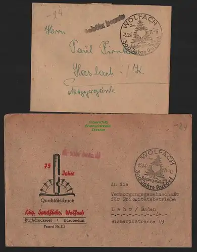 B10572 Brief BAZ Gebühr bezahlt 1947 Wolfach Schwarzwald nach Haslach Lahr
