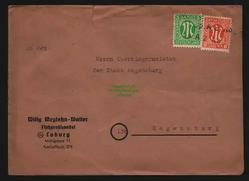 B11955 Brief BAZ Coburg an Oberbürgermeister Regensburg Notstempel