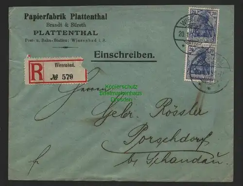 B7298 Brief Postauftrag DR 1911 Papierfabrik Plattenthal bei Wiesenbad i. S. Ein