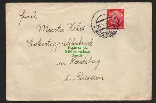 B7282 Brief Reichenberg 3 aptierter Stempel Böhmen & Mähren 26.X.1938 Radeberg