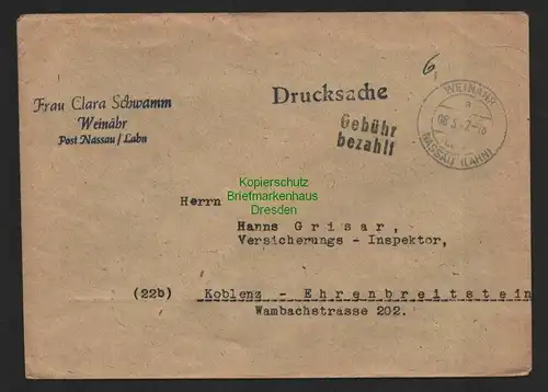 B7278 Brief Gebühr bezahlt Weinähr über Nassau Lahn 1947 nach Koblenz Ehrenbreit