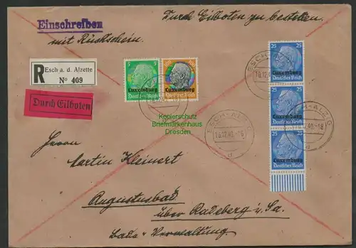 B6935 R-Brief 409Eilboten Esch-Alzig Alzette 1940 Luxemburg nach Augustusbad