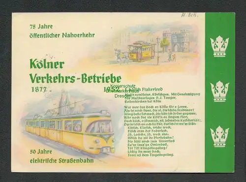 B6645 Postkarte 75 Jahre Kölner Verkehrs Betriebe 1877 - 1952 50 Straßenbahn