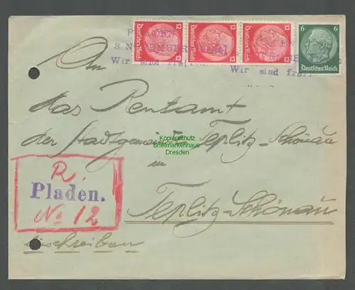 B6514 Brief Böhmen & Mähren Notstempel Pladen Wir sind frei 8. November 1938