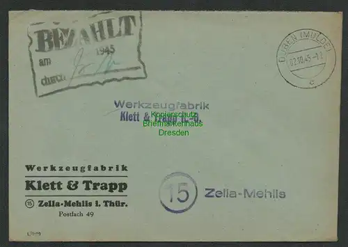 B6866 Brief Gebühr bezahlt Düben Mulde 1945 Werkzeugfabrik Klett & Zella-Mehlis
