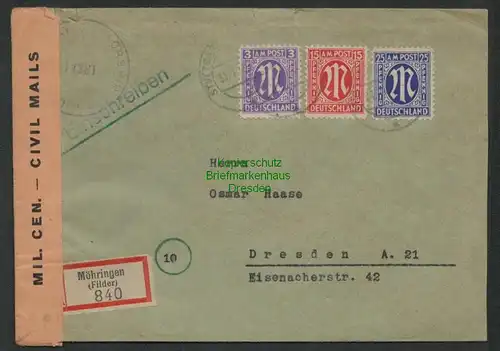 B6988 Brief Möhringen Filder Stuttgart n. Dresden Military Censorship 04381 1946